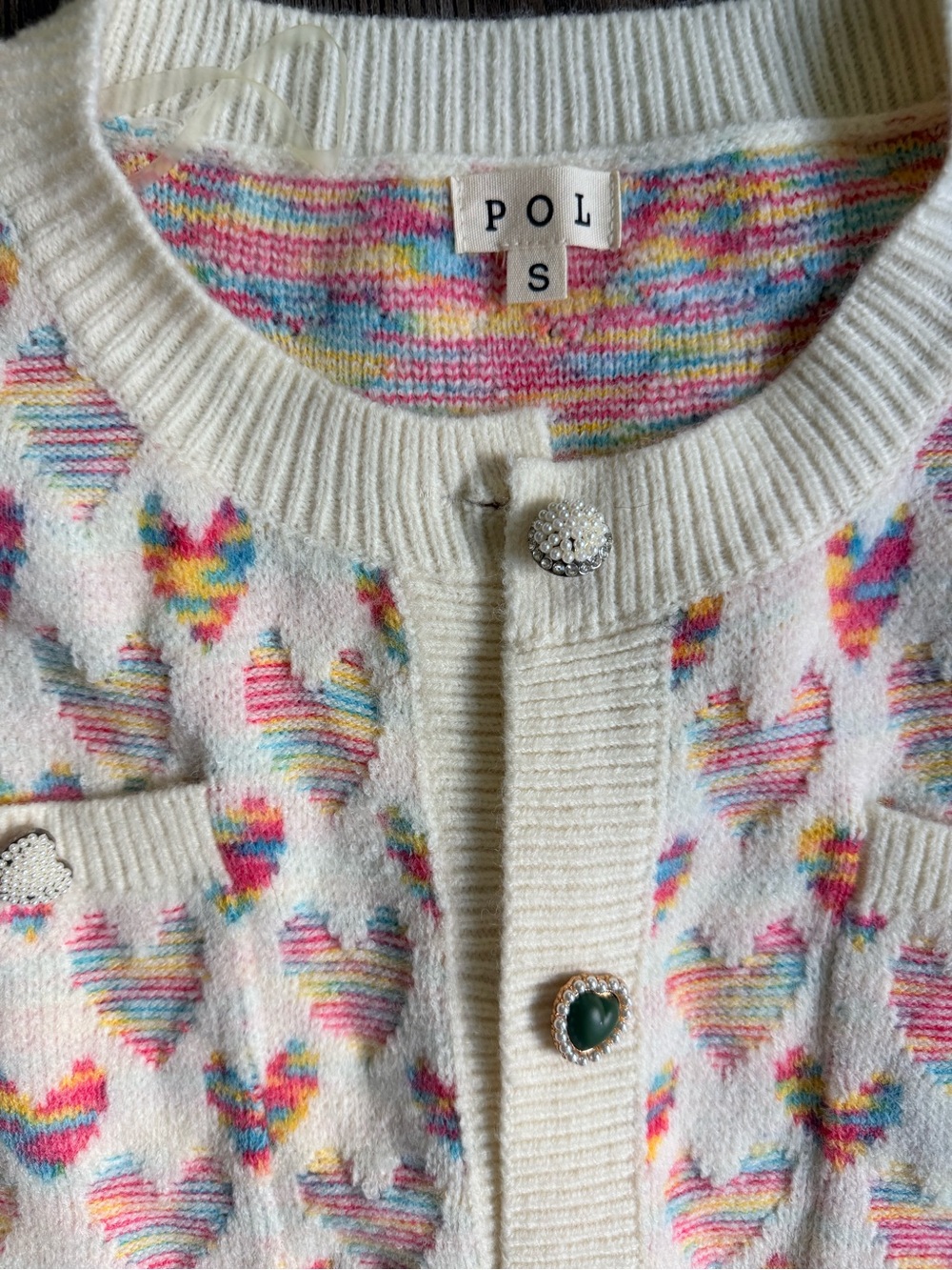 POL Cream Cardigan with Multicolor Heart Pattern - Picture 2 of 6